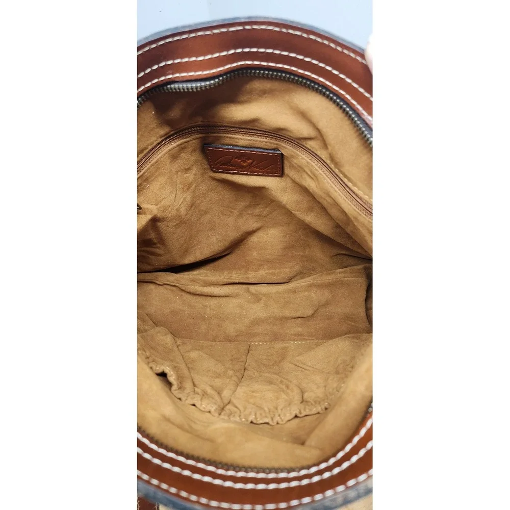 Patricia Nash Poppy Cognac Brown Leather Shoulder Bag Tote Contrast Stitching